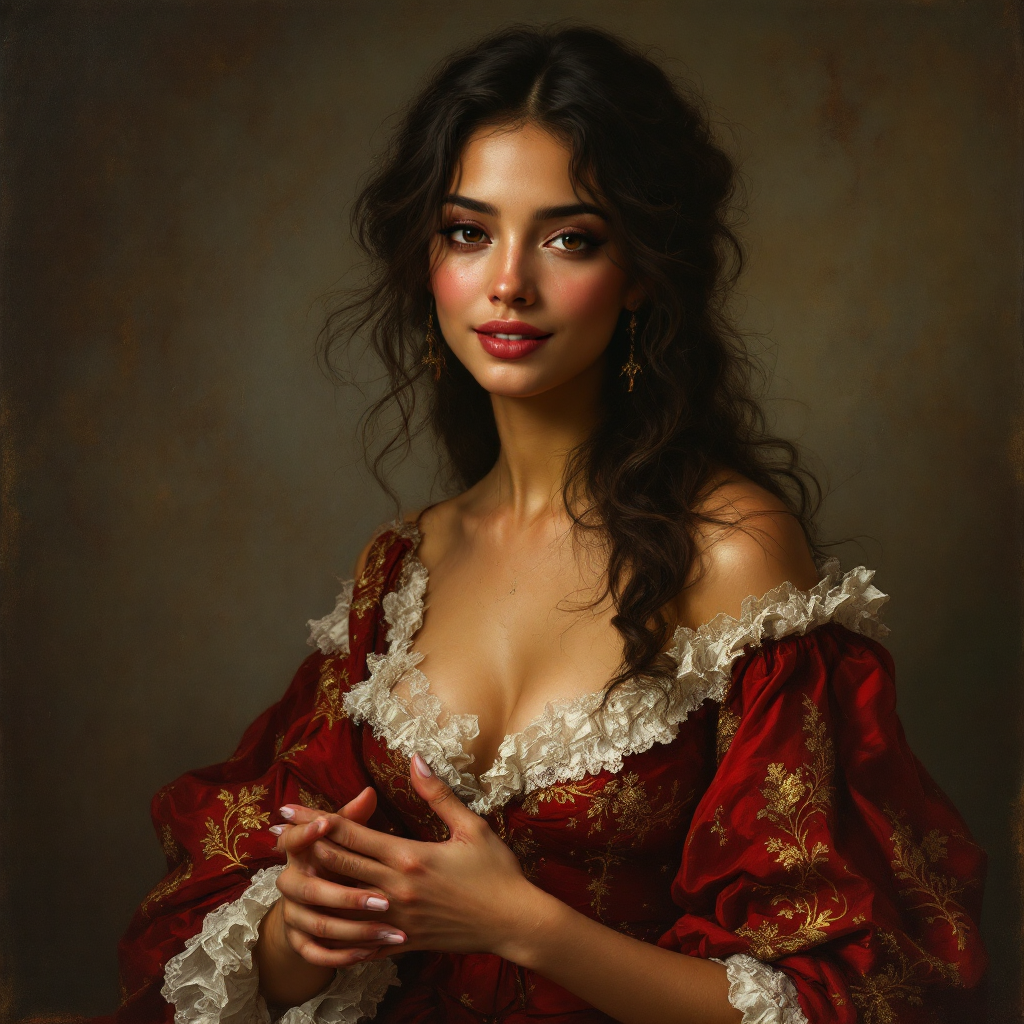 A woman with long, wavy dark hair poses gracefully in a luxurious red dress adorned with intricate patterns, embodying the complexity and depth of human nature.