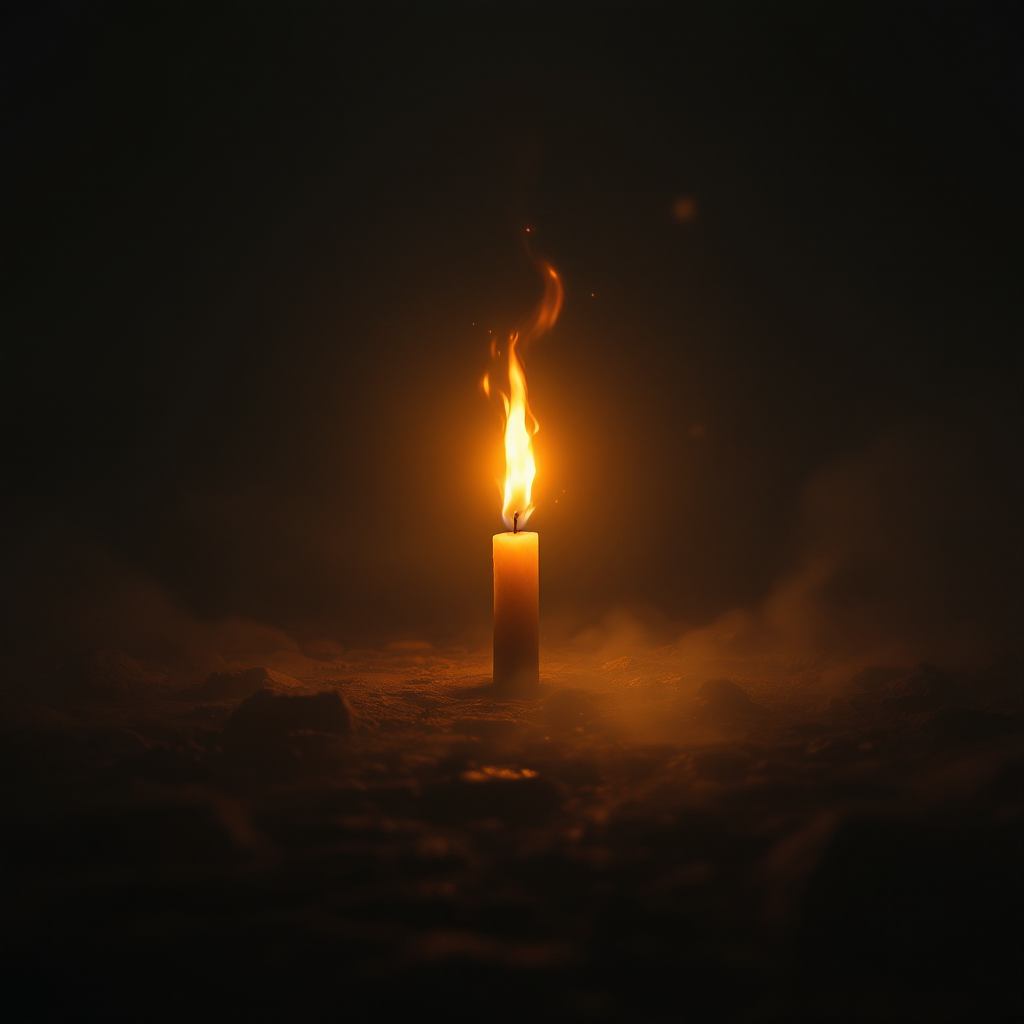 A solitary candle flickers in a dark, foggy space, symbolizing hope amidst uncertainty, while its bright flame casts shadows that hint at lurking dangers.