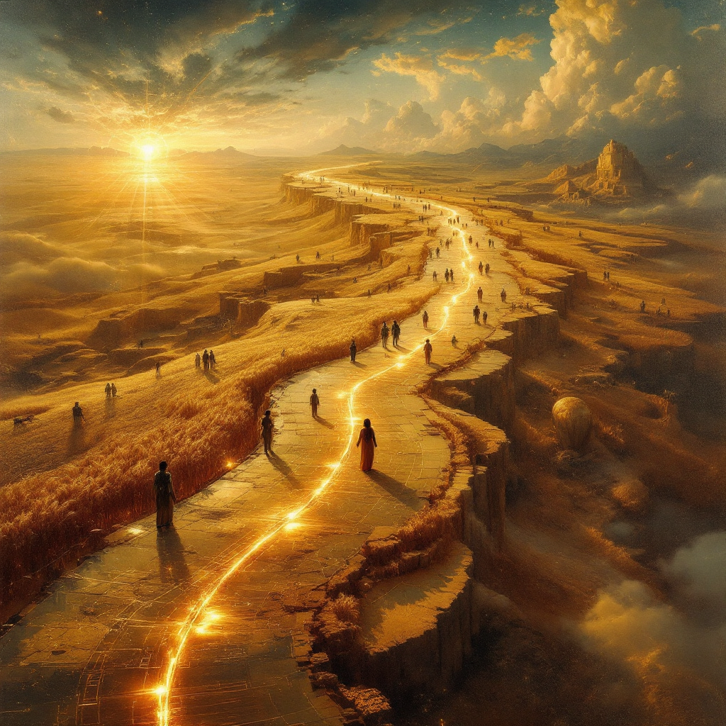 A sunlit path winds through a surreal landscape, where figures walk along a glowing route, embodying the mix of absurdity and surprises in history.