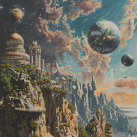 Fantastical landscape illustrating a futuristic society with ornate buildings on cliffs, planets in close proximity, and rockets ascending, symbolizing enduring scientific advancement.