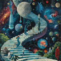 A vibrant illustration depicting people ascending a staircase in a cosmic setting, symbolizing scientific progression supported by society over generations.