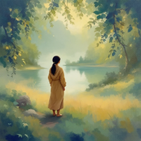 A figure in a simple robe stands by a serene lake, surrounded by lush greenery and soft morning light, embodying the essence of the quote about embracing a little ignorance.