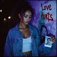 A young woman stands against a graffiti-covered wall that reads Love Hurts, holding a polaroid photo. The scene captures the contrast between harsh reality and dreams of love.