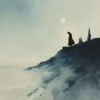 A solitary figure in a long coat stands on a cliff, gazing downward, with a muted landscape and a pale sun, evoking the quote, The man was gone and there was no one left to see him die.