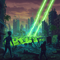 In a dystopian landscape, figures scramble amidst ruins as ominous green beams pierce the sky, illustrating the chaos of the world’s end and the frantic struggle for survival.