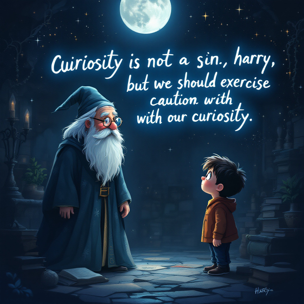 A young boy in a brown coat gazes up at a wise elderly wizard in a dark cloak beneath a full moon, surrounded by ancient stone ruins, as they discuss curiosity.