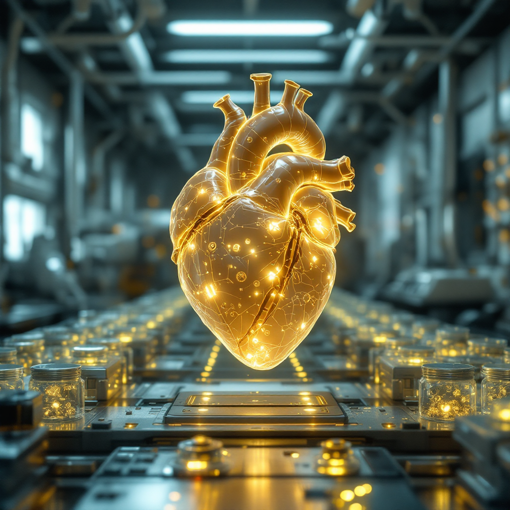 A glowing, intricately designed heart floats above a futuristic assembly line, symbolizing the contrast between scientific engineering and the unexplored depths of human emotion.