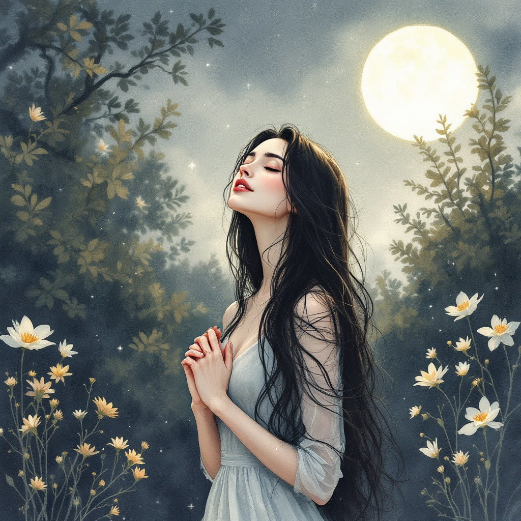 A woman in a flowing white dress stands in a moonlit garden, her eyes closed and hands clasped in front of her. Surrounding her are delicate flowers, enhancing her serene beauty and inner strength.