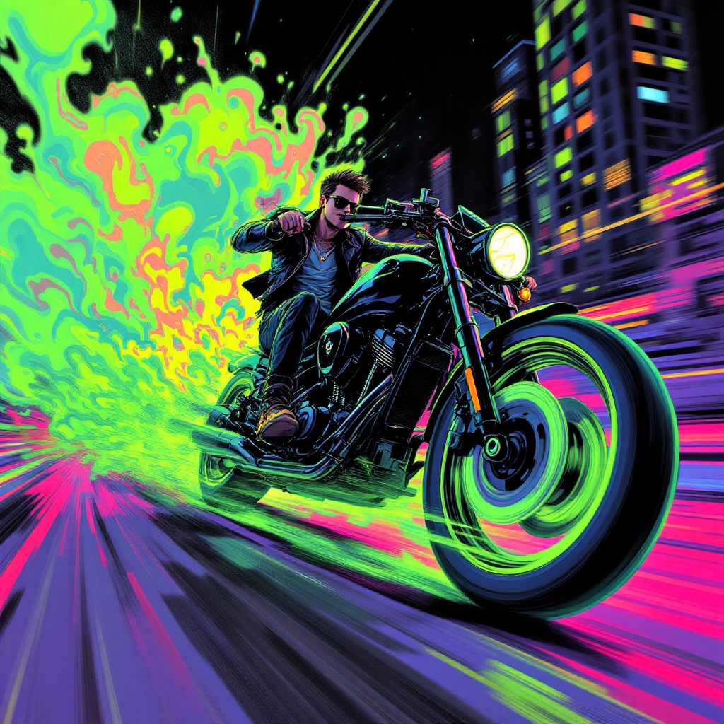 A vibrant illustration of a motorcyclist speeding through a neon cityscape, trails of green and pink light swirling behind, embodying the quote about the inevitability of what’s coming.