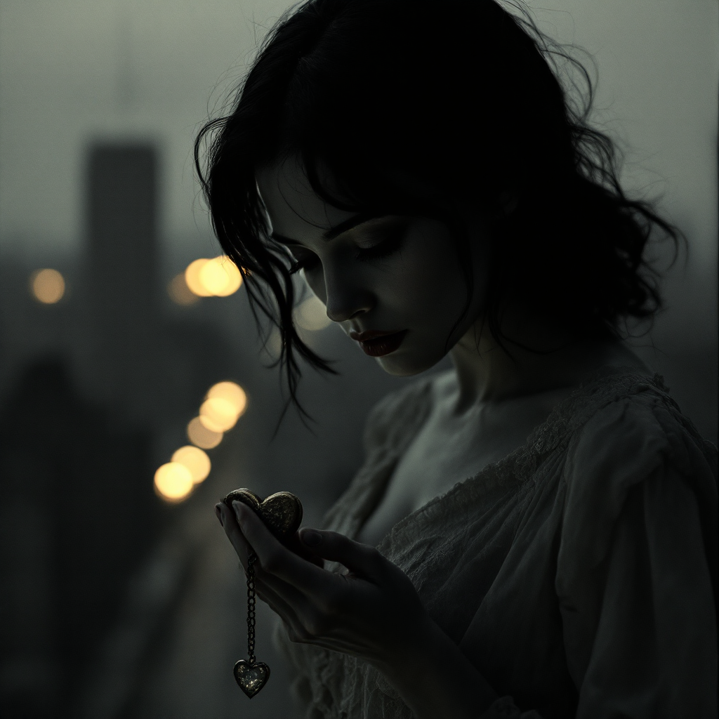 A woman gazes thoughtfully at a delicate heart-shaped locket in a moody, dimly lit urban setting, embodying the duality of love as both a consuming beast and a warm fire.