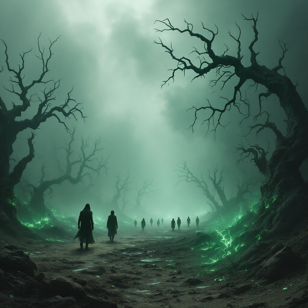 A haunting landscape with gnarled trees and a misty atmosphere, shadowy figures wander along a path illuminated by an eerie green glow, reflecting themes of life, death, and an awaiting world.