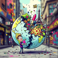 A cartoonish figure holds a cracked globe bursting with colorful icons like pizza, the Eiffel Tower, and other whimsical elements, illustrating the quirky nature of human perspective.