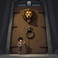 A young boy stands before a massive wooden door adorned with a lion’s head knocker, embodying the quote, The only way out is through, as he prepares to face the challenge ahead.