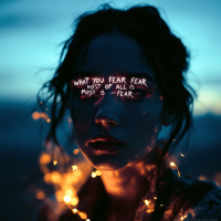 A close-up of a contemplative face illuminated by glowing lights, with the quote What you fear most of all is—fear artistically written across the forehead against a twilight backdrop.