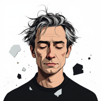 A contemplative man with tousled gray hair and closed eyes, surrounded by angular shards, embodies a blend of genius and naïveté, reflecting on life's complexities.