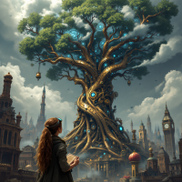 A figure stands in awe before a colossal, glowing tree intertwined with city structures, symbolizing the quote about sowing future seeds in the present's soil.