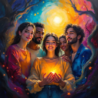 A diverse group of five friends stands together in a magical forest, holding a glowing light as vibrant colors swirl around them, embodying the quote, Friendship is the greatest weapon against any kind of darkness.