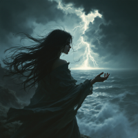 A silhouette of a woman stands against a stormy ocean backdrop, hair blowing in the wind, as lightning illuminates the dark sky, embodying the struggle to abandon fear.