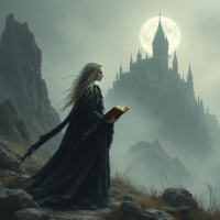 A witch in a dark cloak stands on a rocky path, holding a book. Behind her, a misty landscape features a towering castle illuminated by a full moon, evoking themes of solitude and connection.