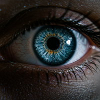 A close-up of a striking eye, showcasing vibrant blue and gold patterns within the iris. The pupil shimmers, evoking the imagery of tiny diamonds sparkling.