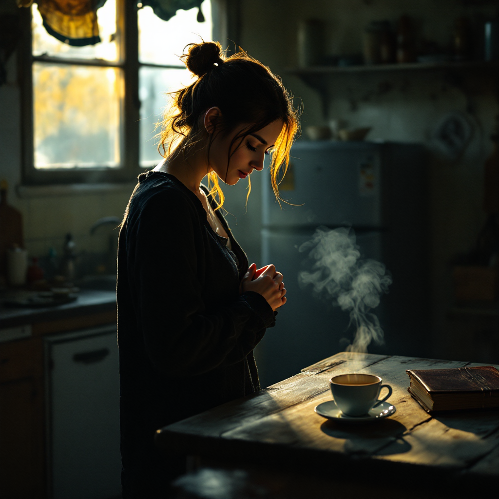 A woman stands in a dimly lit kitchen, holding a small object, steam rising from a cup on the table. Sunlight filters through a window, highlighting the quiet beauty of the moment.