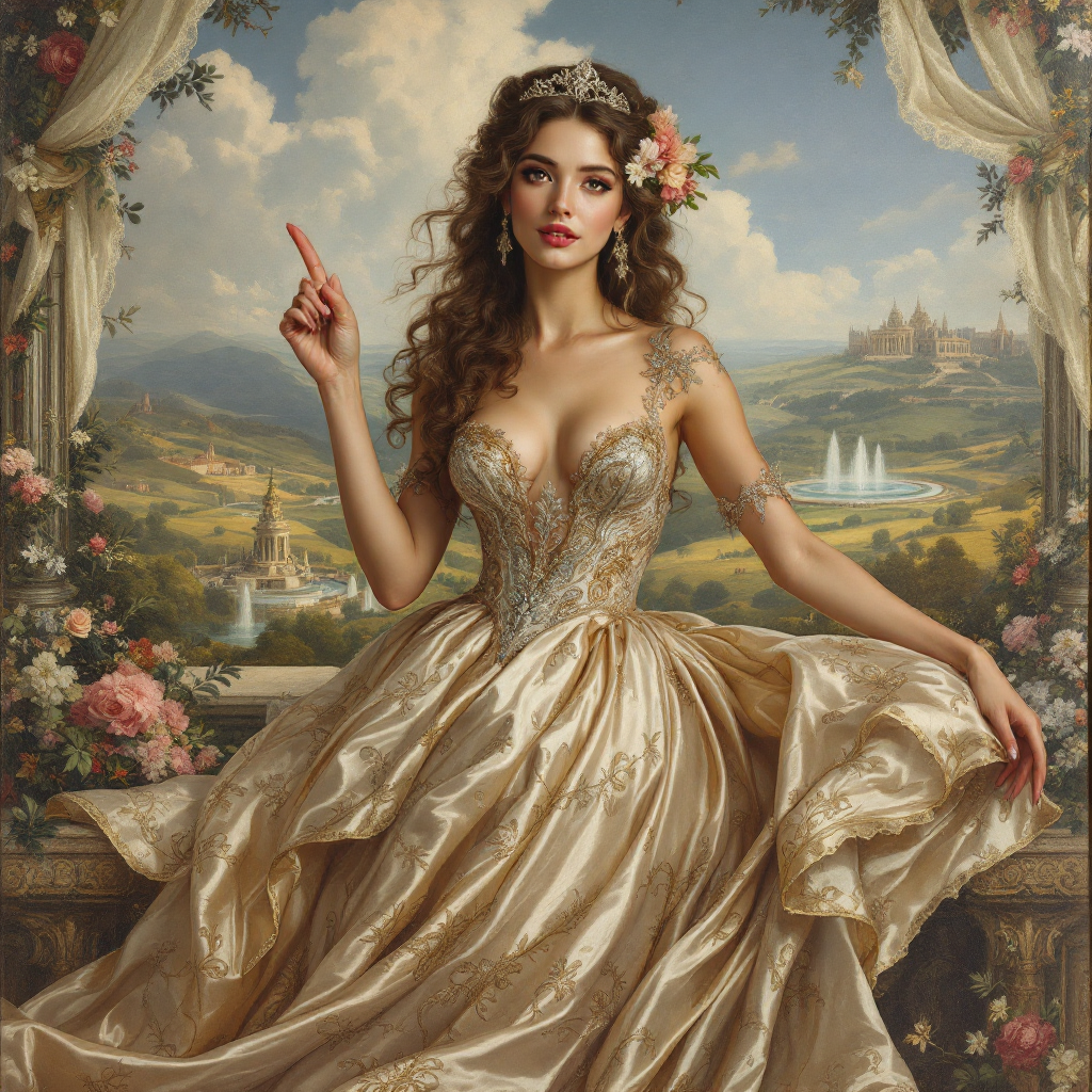 A woman in an elegant golden gown sits gracefully, gesturing confidently, surrounded by a picturesque landscape, embodying empowerment and the right to choose her own path.