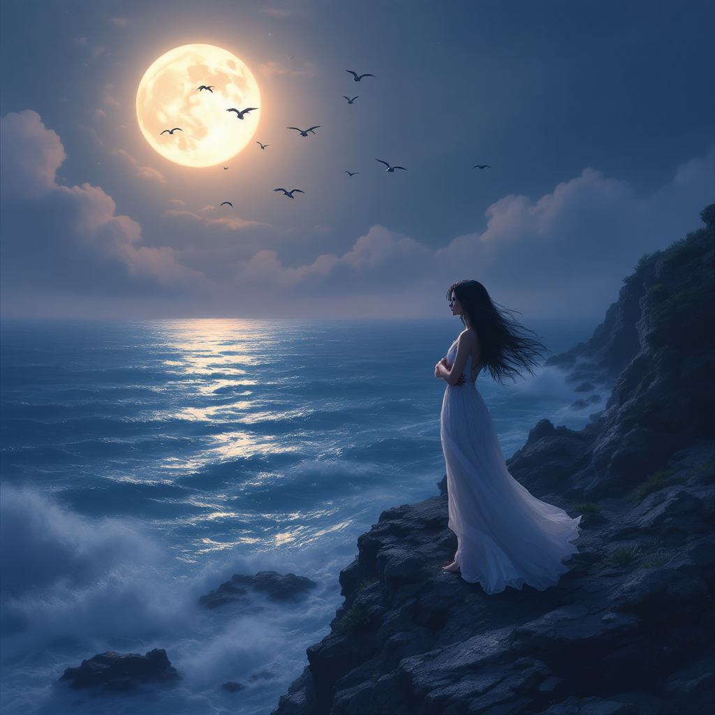 A woman in a flowing white dress stands on a rocky shore, gazing at a glowing full moon over the ocean. Birds fly across the night sky, evoking the theme of chosen relationships.