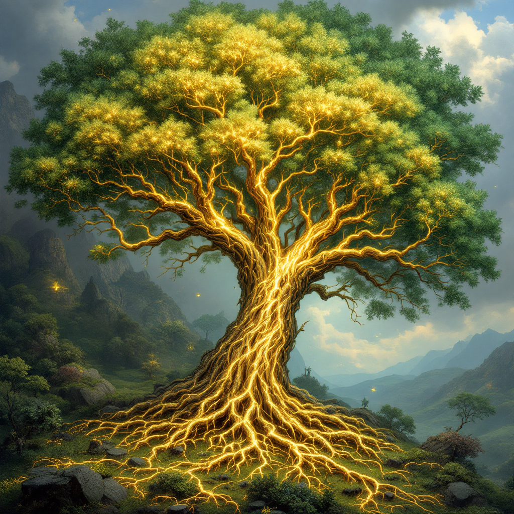 A majestic, glowing tree with radiant roots and lush green foliage stands against a dramatic landscape, symbolizing the quote, I can’t be your story, but I will be your ending.