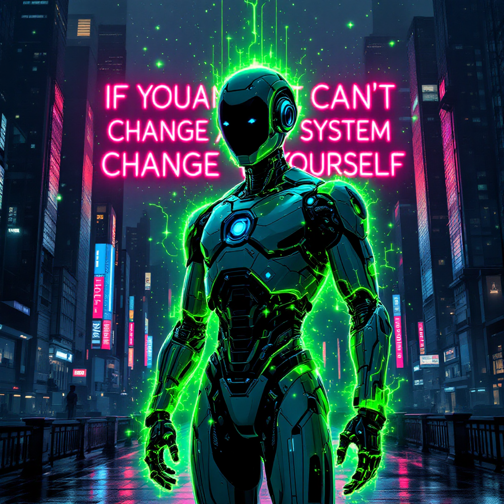 A futuristic robot stands in a neon-lit city, highlighted by vibrant green energy, with the quote “If you can’t change a system, change yourself” glowing in the background.