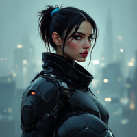 A young woman stands in full assault armor, helmet under one arm. Her dark suit contrasts with her neatly pulled-back hair, held in place by a blue Alice band, against a city backdrop.