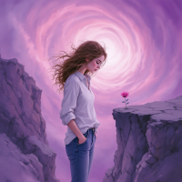 A contemplative young woman stands on a rocky cliff, gazing at a single pink flower, surrounded by swirling purple and white clouds, embodying growth through experience and reflection.