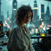 A contemplative figure in a lab coat gazes intently, surrounded by bottles and beakers, against a backdrop of a vibrant cityscape, embodying the struggle between passion and reason.