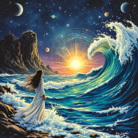 A woman in a flowing white dress stands by the ocean, gazing at vibrant waves and a radiant sunrise, set against a starry sky with planets, embodying the quote about wisdom in nature.