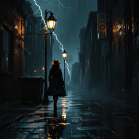 A solitary figure in a trench coat walks down a rain-soaked alley, illuminated by a streetlamp, as lightning strikes in a dark, moody scene that echoes the theme of transformation.