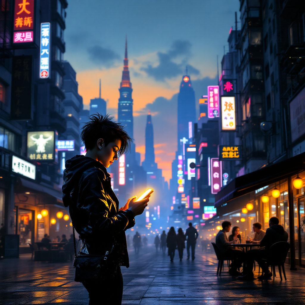 A silhouetted figure stands in a vibrant city street, illuminated by neon lights, reflecting the diverse stories of struggle and triumph woven into the fabric of civilization.