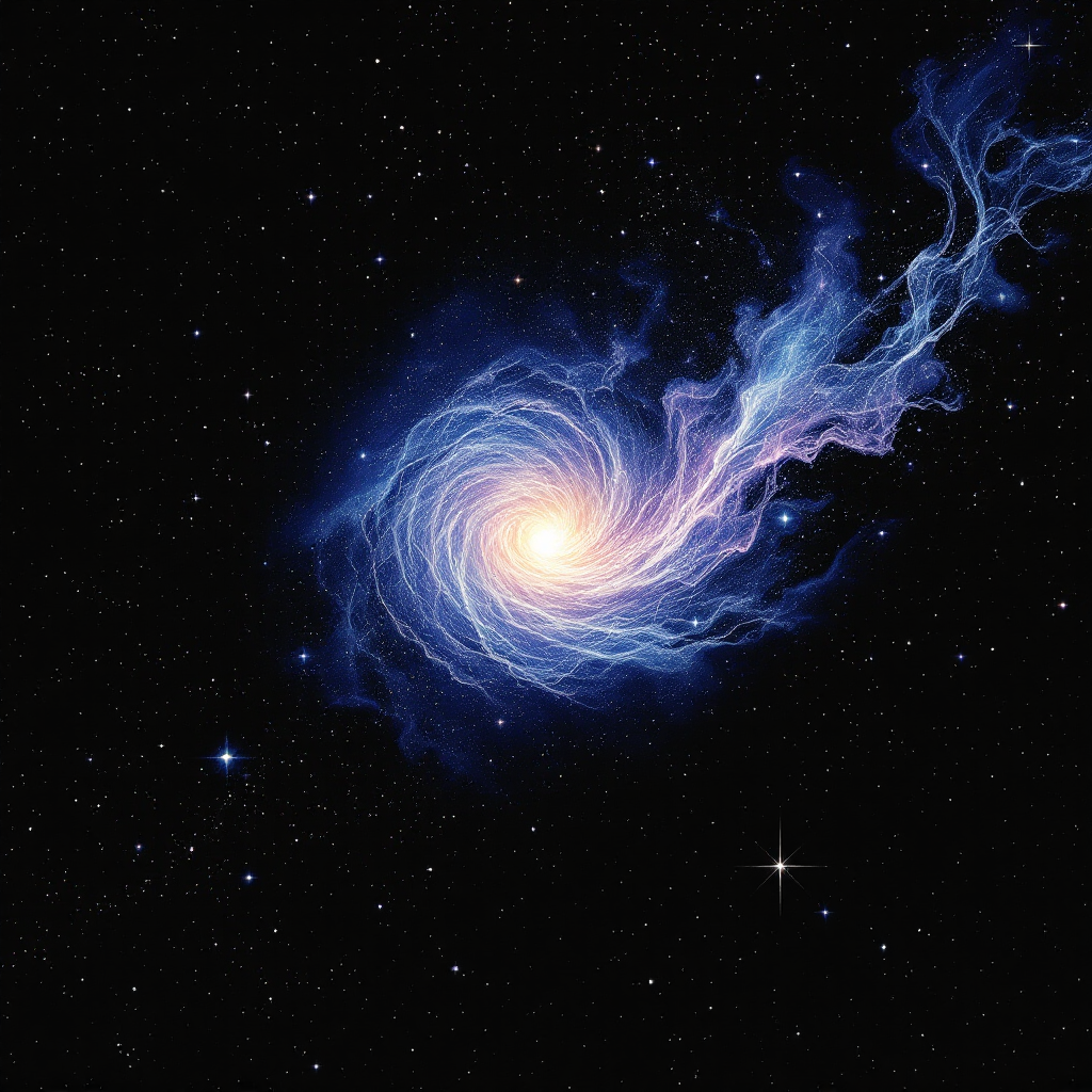 A swirling galaxy emits a bright core surrounded by swirling blue and violet gas, illustrating the silent beauty and profound stories hidden in the vastness of space.