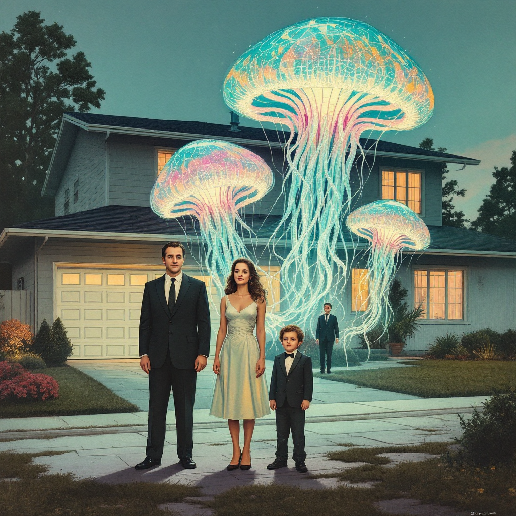 A family stands in front of their house, flanked by glowing jellyfish floating above them, evoking a sense of surrealism in a scene where things are not as they seem.