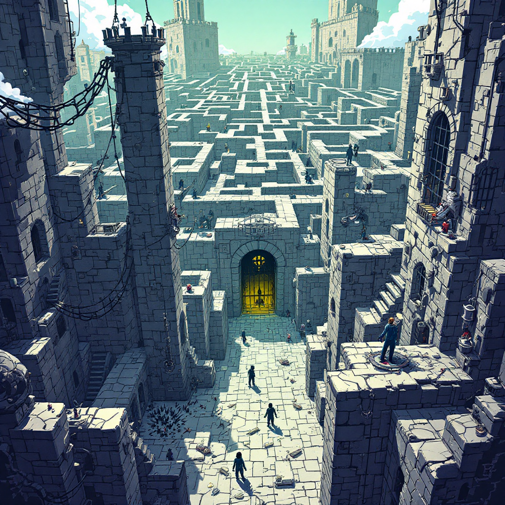 A vast, intricate maze of stone walls and towers under a cloudy sky. Figures traverse the maze, symbolizing the personal traps we create, as a golden door beckons in the distance.