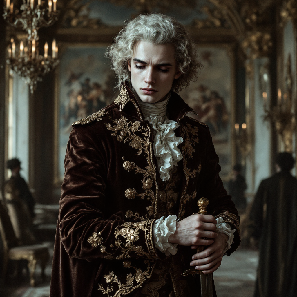 A young man in an ornate, dark velvet coat stands with a sword, reflecting an air of introspection and conflict, embodying themes of cowardice and inner turmoil from the quote.