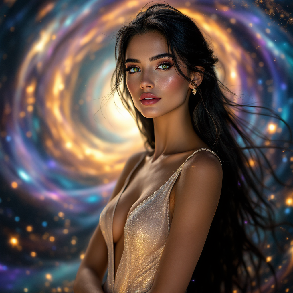 A confident woman with flowing dark hair stands against a swirling cosmic backdrop, embodying strength and elegance, reflecting the quote about women having standards, not attitudes.