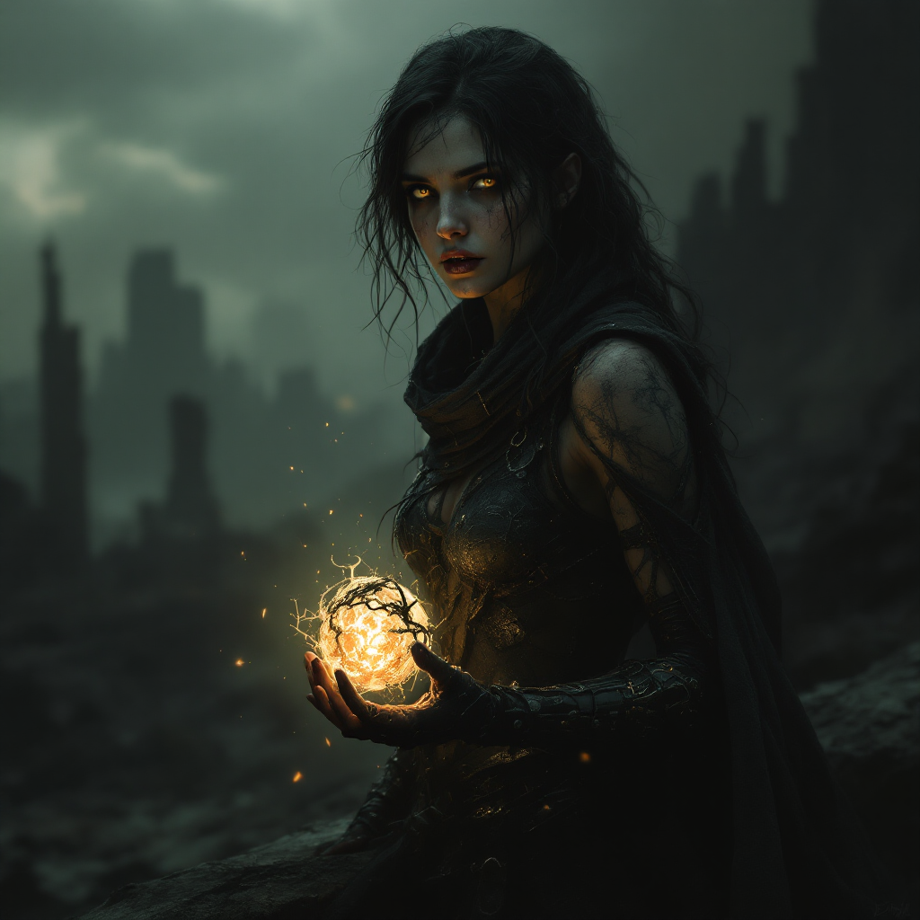 A dark, ethereal figure holds a glowing orb amidst a ruined landscape, embodying the idea that overcoming adversity leads to inner strength, inspired by the quote, What does not kill us makes us stronger.