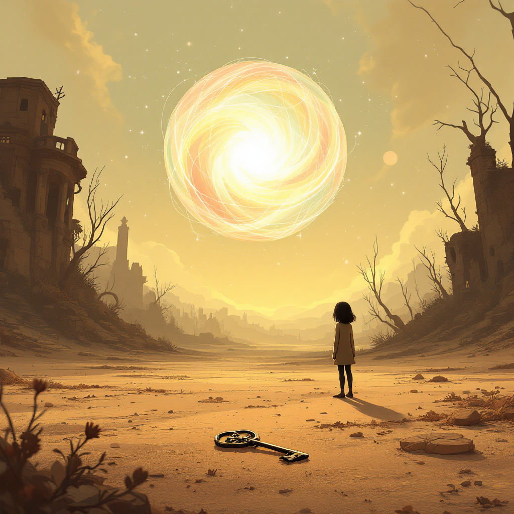 A silhouette of a child stands in a desolate landscape, gazing at a swirling, luminous sun above crumbling ruins, symbolizing the fragility of the world and memories. A key lies on the ground.