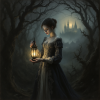 A woman in a dark, eerie forest holds a glowing lantern, illuminating her face as she gazes thoughtfully, with shadows of twisted trees and a distant castle enhancing the atmosphere of chaos and choice.