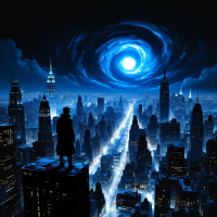 A figure stands on a rooftop overlooking a city at night, bathed in blue light from a swirling vortex in the sky, symbolizing the potential of endless possibilities and understanding circumstances.