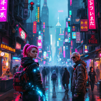 A neon-lit urban street scene features two characters facing the viewer, surrounded by bustling crowds and vibrant signage, evoking the idea that every human being is a story waiting to be told.