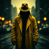 A silhouetted figure in a yellow trench coat and hat stands alone on a city street, embodying resilience and survival amidst a moody, atmospheric backdrop.