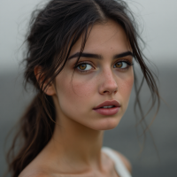 A close-up portrait of a young woman with wavy dark hair, soulful eyes, and a serene expression, embodying the essence of navigating through life's confusion and challenges.