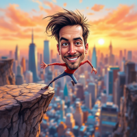 A cheerful figure stands confidently on the edge of a cliff, overlooking a vibrant city skyline at sunset, embodying resilience and the spirit of rising after a fall.