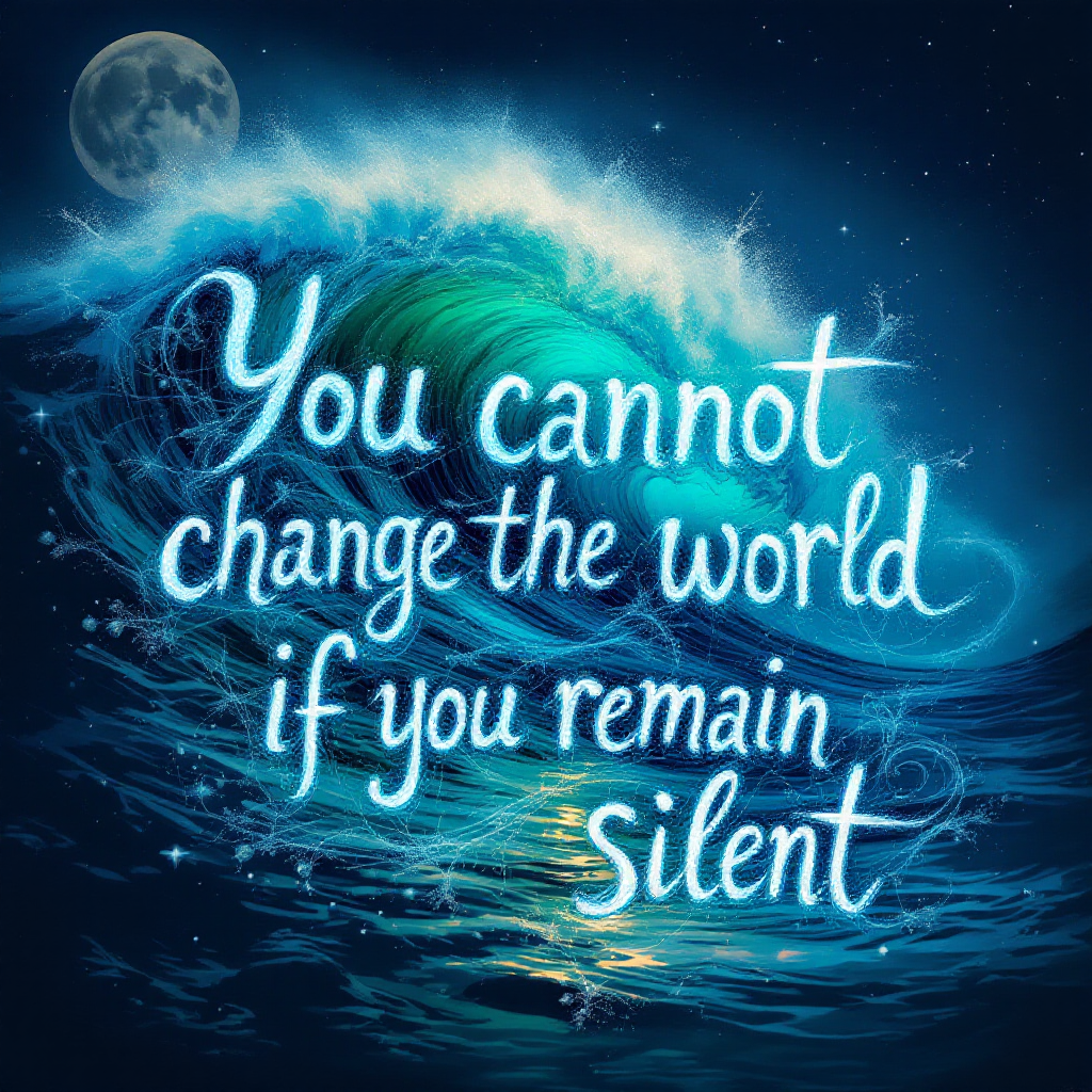 Text in glowing blue script reads, You cannot change the world if you remain silent, against a backdrop of a tumultuous ocean wave and a full moon, evoking a sense of urgency and action.