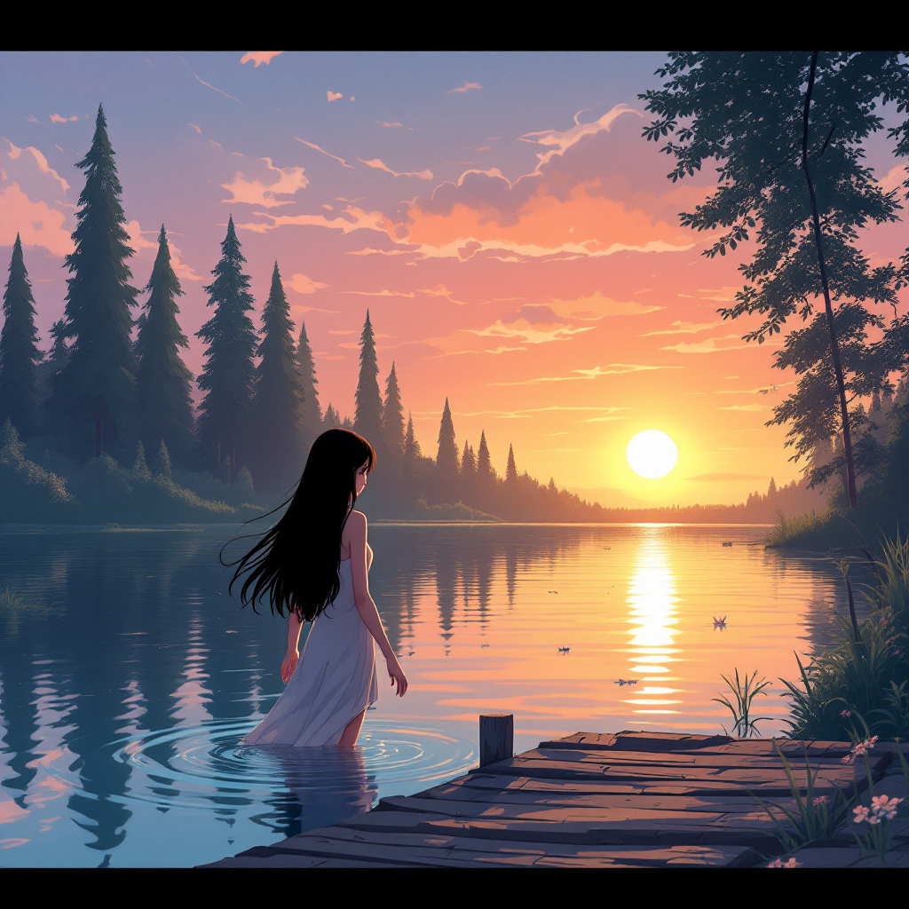 A serene sunset illuminates a woman in a flowing white dress as she wades into a tranquil lake, embodying the journey of staying afloat in life's currents.